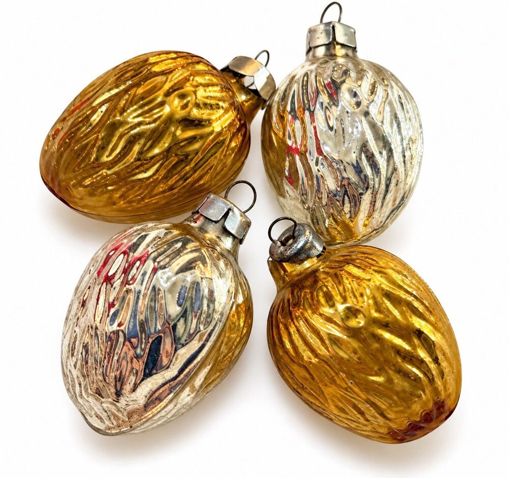 Vtg German Mercury Glass Walnut Christmas Ornament Lot Silver Gold Figural Nuts